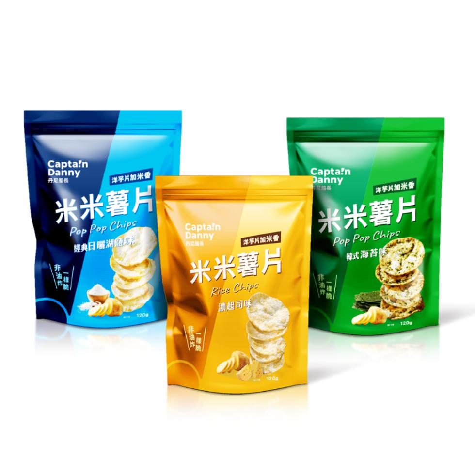 丹尼船長，洋芋片加米香，米米薯片，經典日曬湖鹽味，(丹尼船長，洋芋片加米香，米米薯片，… 120g)，濃起司味， 洋芋片加米香，米米薯片，韓式海苔味。