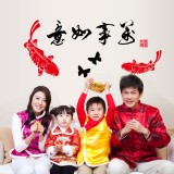 一等獎新年壁貼 櫥窗貼《春聯-萬事如意AY65F吉祥魚》第三代 透明膜 可移除 不傷牆面 重複貼