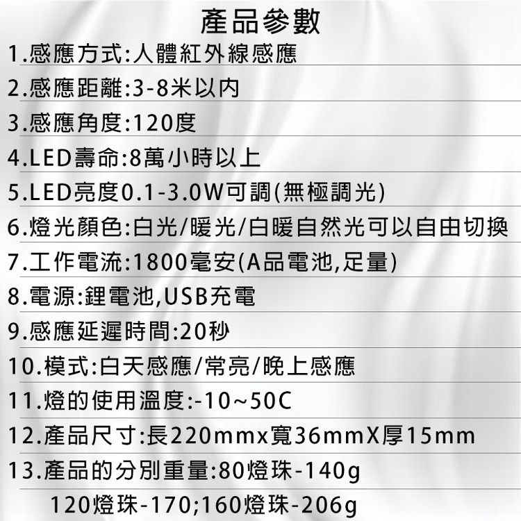 【輕鬆境界】USB充電最新款三色長形磁吸式廣角智能感應燈-39cm/160顆燈珠