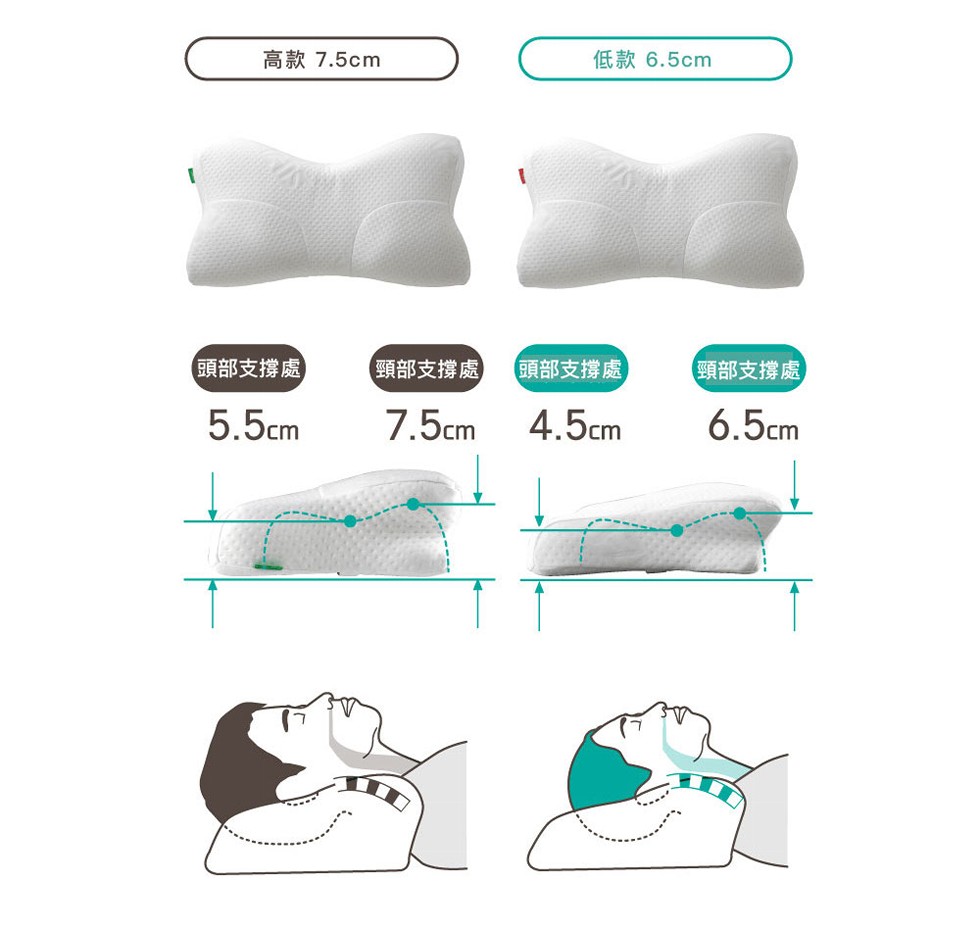 高款7.5cm，低款6.5cm，(頭部支撐處，(頸部支撐處，頭部支撐處，頸部支撐處。