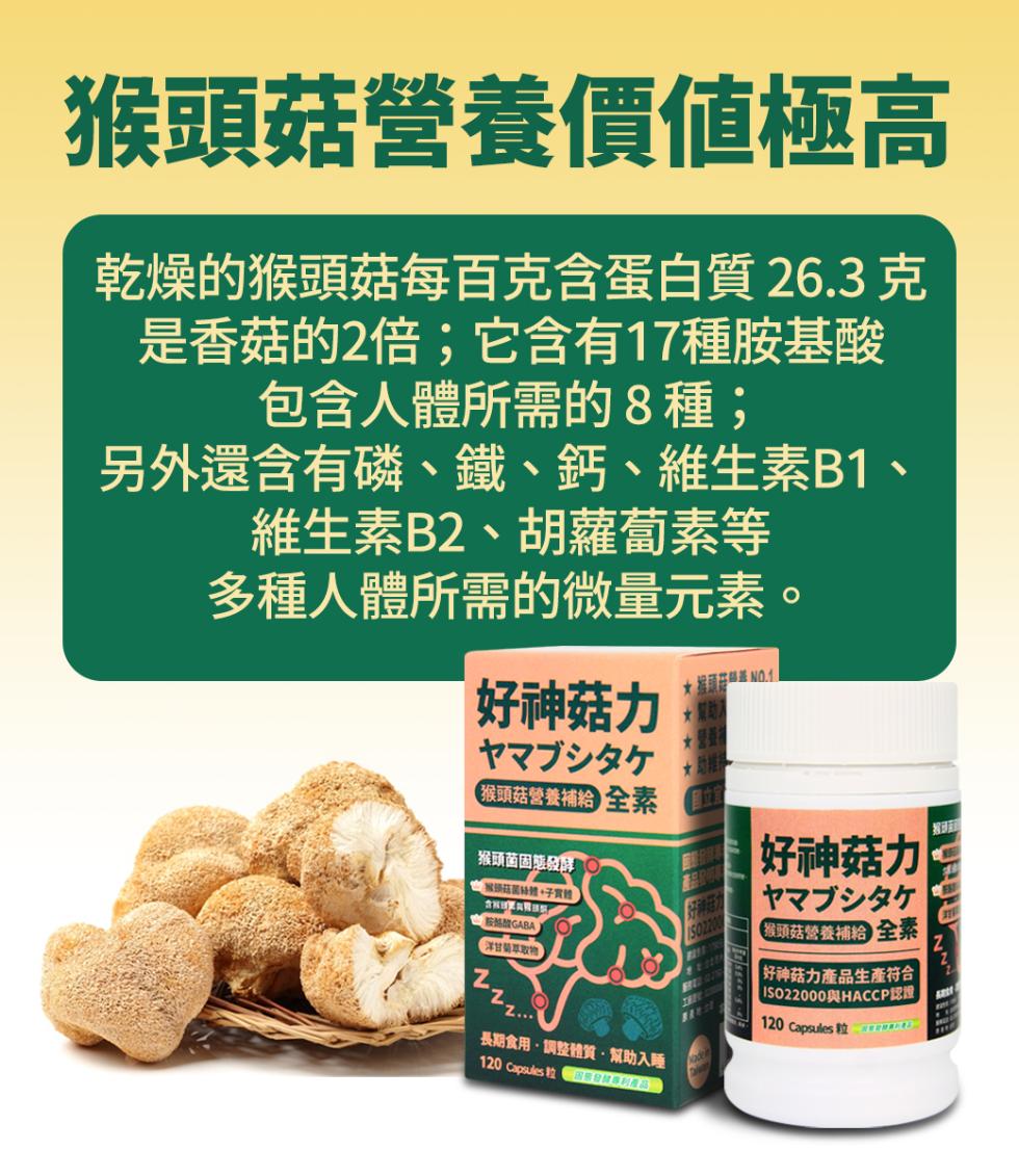 猴頭菇營養價值極高，乾燥的猴頭菇每百克含蛋白質 26.3 克，是香菇的2倍;它含有17種胺基酸，包含人體所需的8種;，另外還含有磷、鐵、鈣、維生素B1，維生素B2、胡蘿蔔素等，多種人體所需的微量元素。好神菇力 贊助】，ヤマブシタケ，猴頭菇營養補給 全