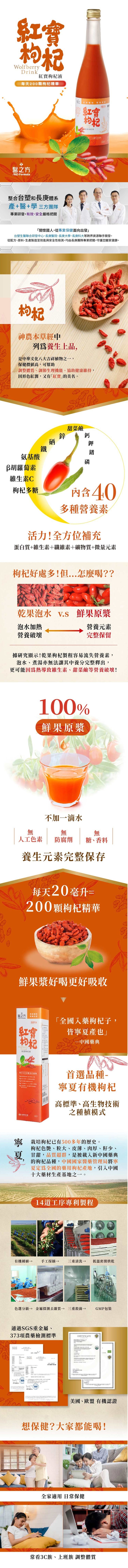 紅寶枸杞液，每天200顆构杞精華，决国隊，うl資构杞液，醫之方，整合台塑和長庚體系，產+醫+學三方團隊，專業研發,有效、安全嚴格把關，關懷國人,從專業保健面向出發台塑生醫聯合研發中心、長庚醫院、長庚大學、長庚科大等跨界資源聯手開發,從配方、原料、生產