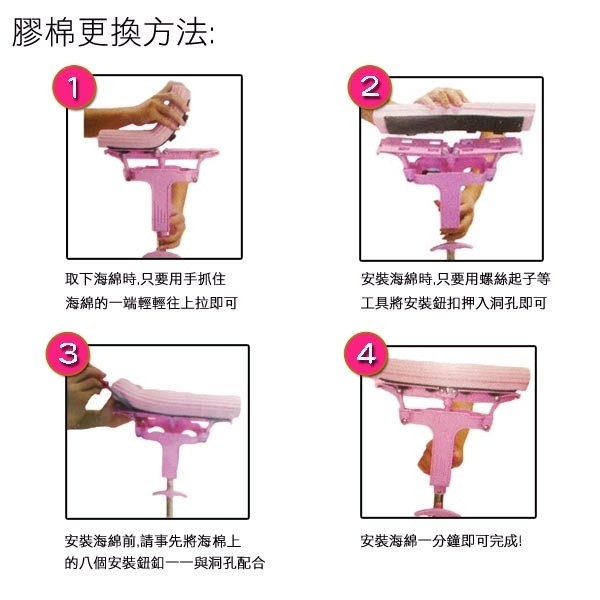 膠棉更換方法:安裝海綿時,只要用螺絲起子等，工具將安裝鈕扣押入洞孔即可，取下海綿時,只要用手抓住，海綿的一端輕輕往上拉即可，安裝海綿前請事先將海棉上，安裝海綿一分鐘即可完成!的八個安裝鈕卸一一與洞孔配合。