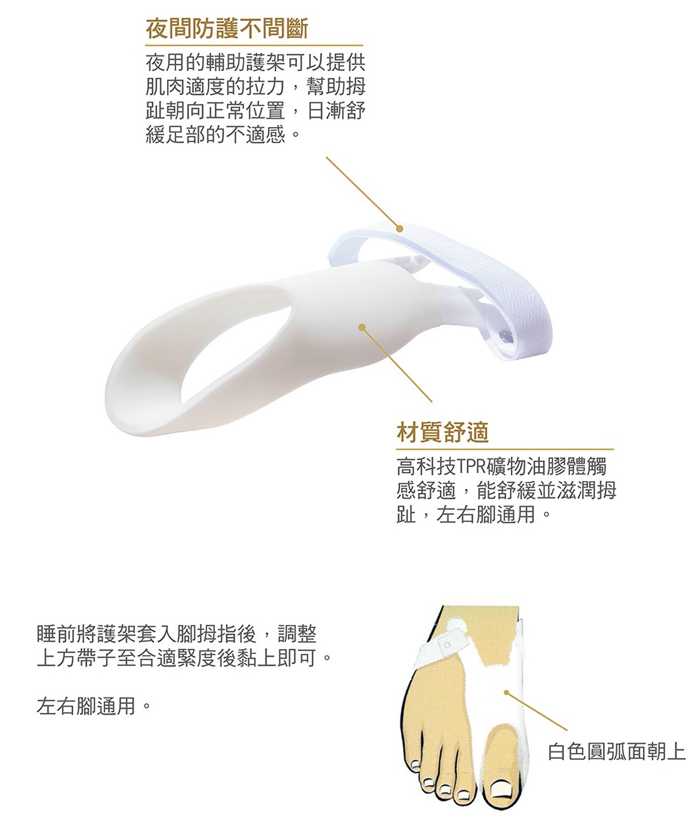 夜間防護不間斷,夜用的輔助護架可以提供,肌肉適度的拉力,幫助拇,趾朝向正常位置,日漸舒,緩足部的不適感。睡前將護架套人腳拇指後,調整,上方帶子至合適緊度後黏上即可。左右腳通用。材質舒適,高科技TPR礦物油膠體觸,感舒適,能舒緩並滋潤拇,趾,左右腳通用