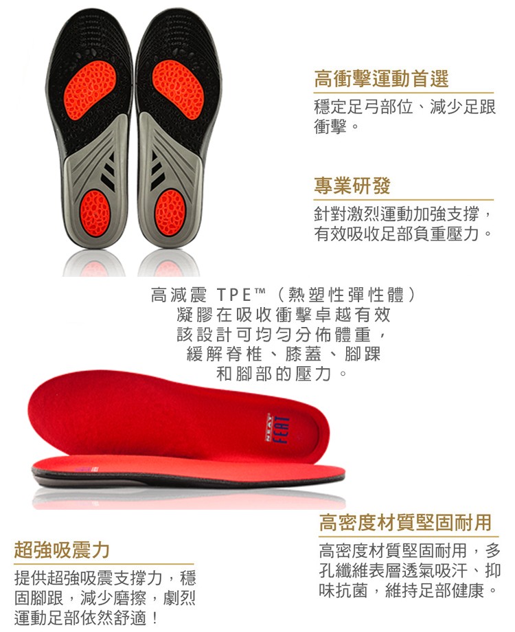 超強吸震力，提供超強吸震支撐力,穩，固腳跟,減少磨擦,劇烈，運動足部依然舒適!高減震 TPE™(熱塑性彈性體)，凝膠在吸收衝擊卓越有效，該設計可均勻分佈體重,緩解脊椎、膝蓋、腳踝，和腳部的壓力。高衝擊運動首選，穩定足弓部位、減少足跟，衝擊。專業研發，