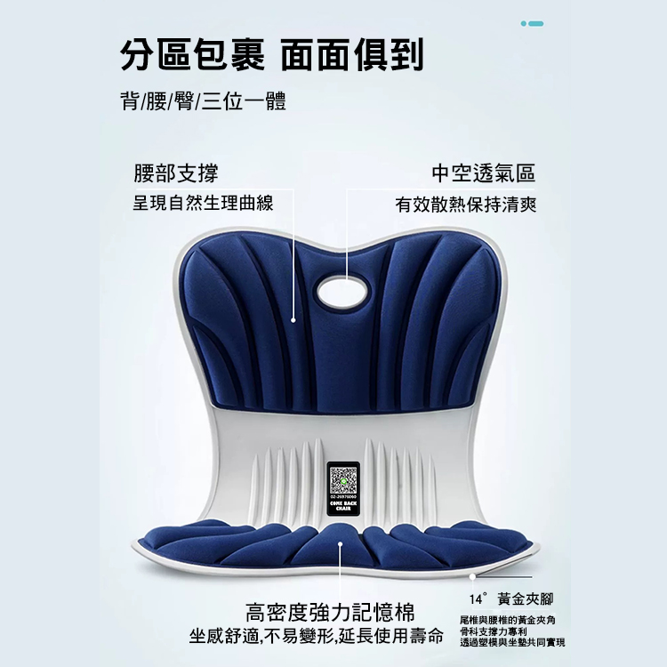 分區包裹 面面俱到，背/腰/臀/三位一體，腰部支撐，呈現自然生理曲線，中空透氣區，有效散熱保持清爽，14°黃金夾腳，高密度強力記憶棉，尾椎與腰椎的黃金夾角，坐感舒適,不易變形,延長使用壽命 骨科支持力專利，透過塑模與坐墊共同實現。
