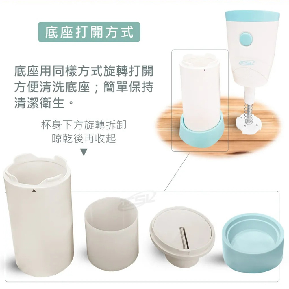 底座打開方式，底座用同樣方式旋轉打開，方便清洗底座;簡單保持，清潔衛生。杯身下方旋轉拆卸，晾乾後再收起。
