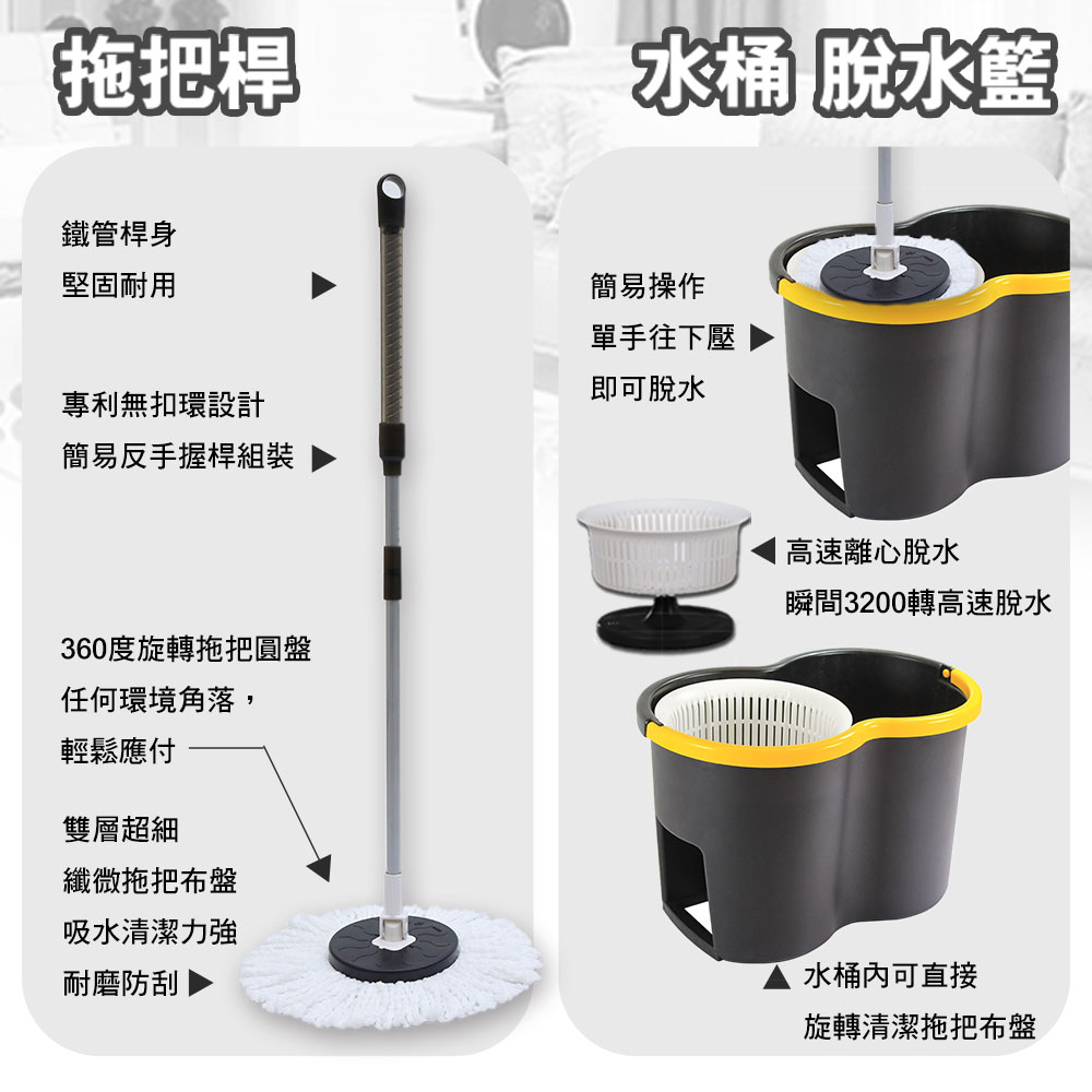 【拖把桿，鐵管桿身，堅固耐用，水桶 脫水籃，簡易操作，單手往下壓，即可脫水，專利無扣環設計，簡易反手握桿組裝，360度旋轉拖把圓盤，任何環境角落,高速離心脫水，瞬間3200轉高速脫水，輕鬆應付，雙層超細，纖微拖把布盤，吸水清潔力強，耐磨防刮，水桶內可