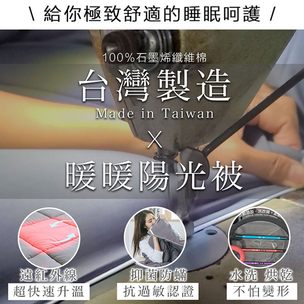 \ 給你極致舒適的睡眠呵護 /,100%石墨烯纖維棉,台灣製造,暖暖陽光被,自動添加-洗衣精,遠紅外線,抑菌防蟎 T,水洗 烘乾,超快速升溫,抗過敏認證,不怕變形。