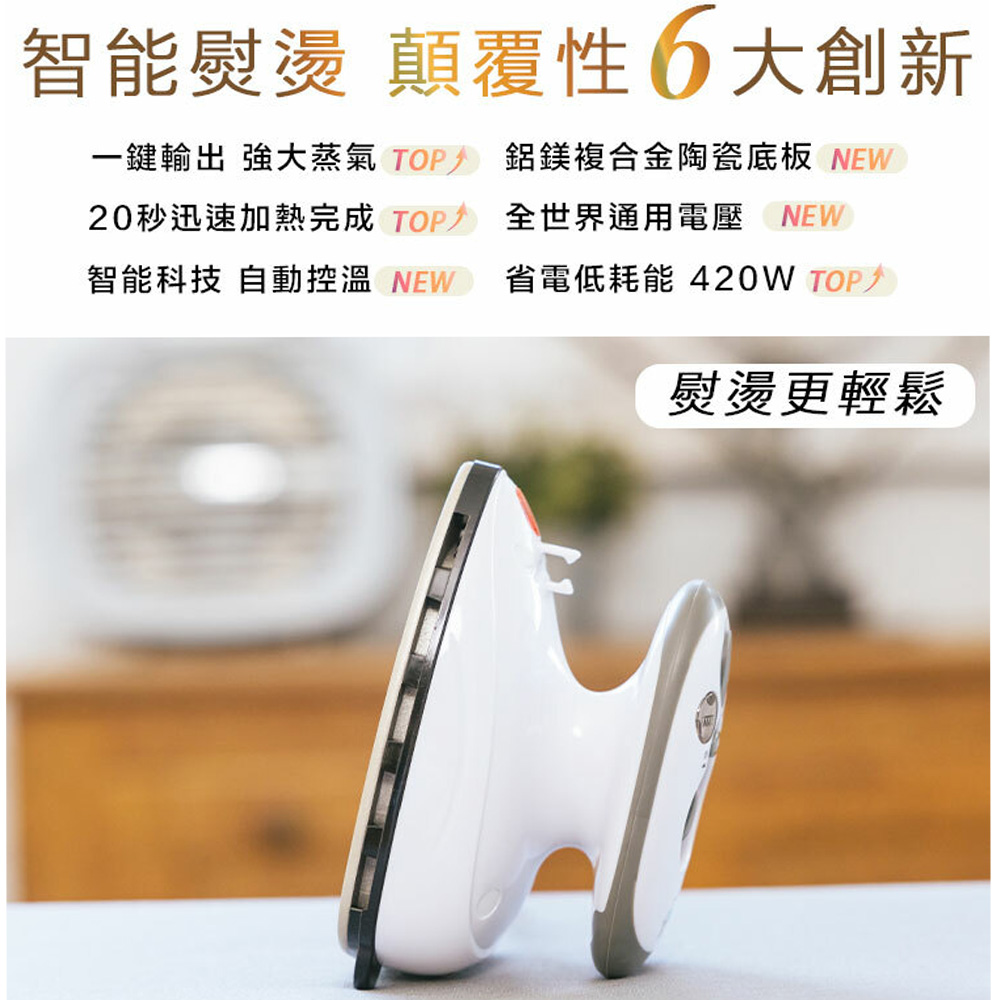 智能熨燙 顛覆性6大創新，一鍵輸出 強大蒸氣 TOP，20秒迅速加熱完成 TOP，智能科技 自動控溫 NEW，鋁鎂複合金陶瓷底板 NEW，全世界通用電壓(NEW)，省電低耗能 420W TOP，熨燙更輕鬆。