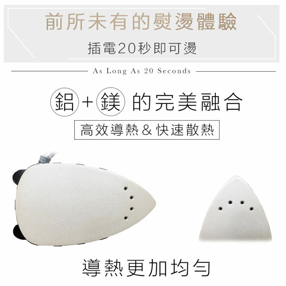前所未有的熨燙體驗，插電20秒即可燙，鋁+鎂的完美融合，高效導熱&快速散熱，導熱更加均勻。