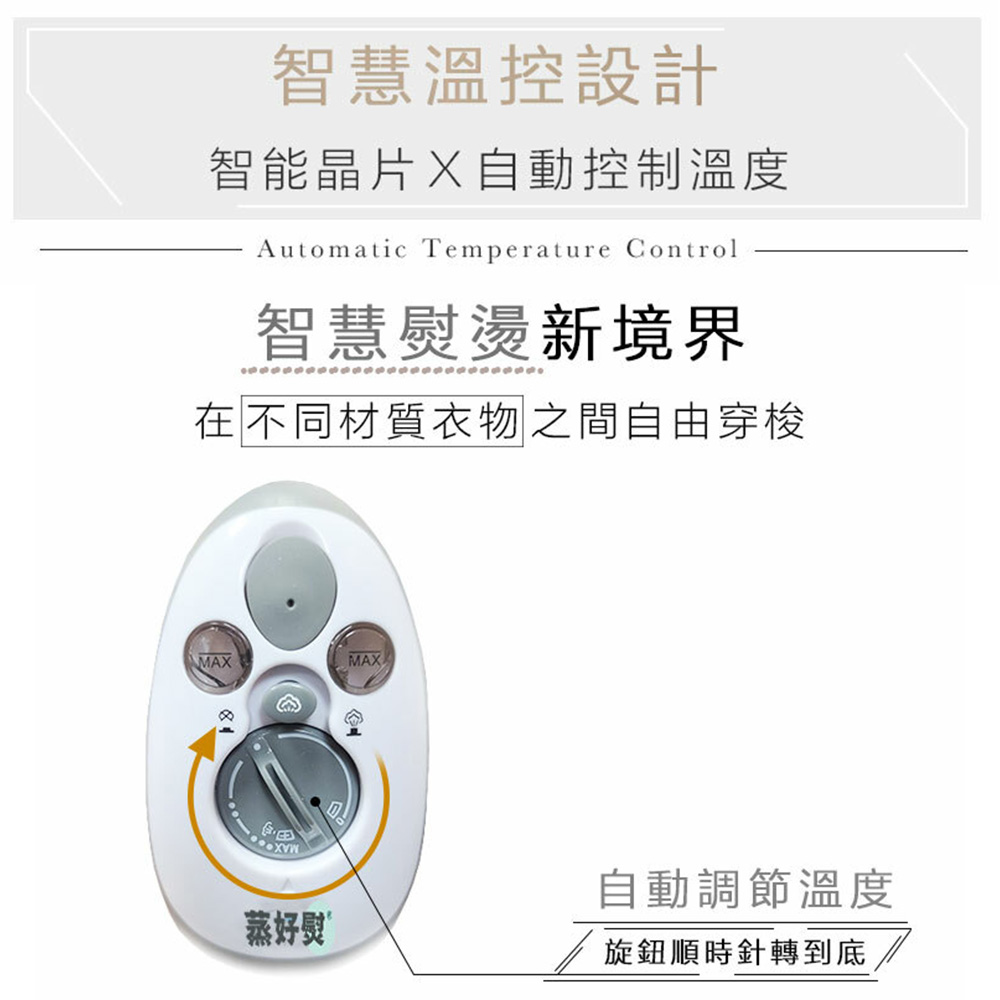 智慧溫控設計，智能晶片X自動控制溫度，智慧熨燙新境界，在不同材質衣物之間自由穿梭，蒸好熨，自動調節溫度，旋鈕順時針轉到底。