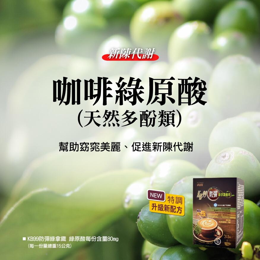 新陳代謝，咖啡綠原酸，(天然多酚類)，幫助窈窕美麗、促進新陳代謝，KB99防彈綠拿鐵 綠原酸每份含量80mg，(每一份量總重15公克)，NEW 特調，升級新配方，防彈 #機車。