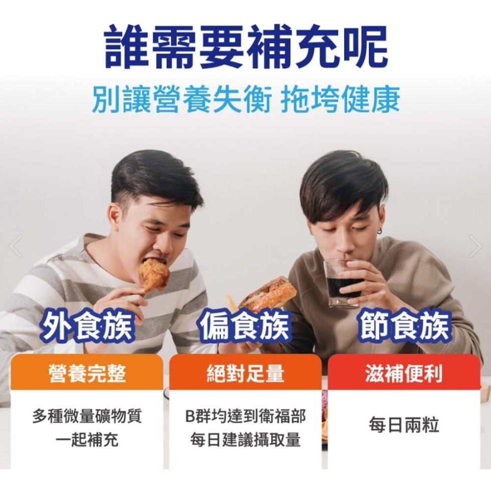 誰需要補充呢，別讓營養失衡 拖垮健康，外食族，偏食族，節食族，營養完整，絕對足量，滋補便利，多種微量礦物質，一起補充，B群均達到衛福部，每日建議攝取量，每日兩粒。
