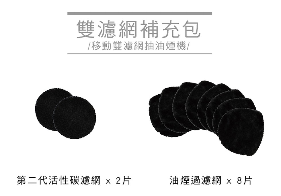 雙濾網補充包，移動雙濾網抽油煙機/，第二代活性碳濾網 x 2片，油煙過濾網x 8片。