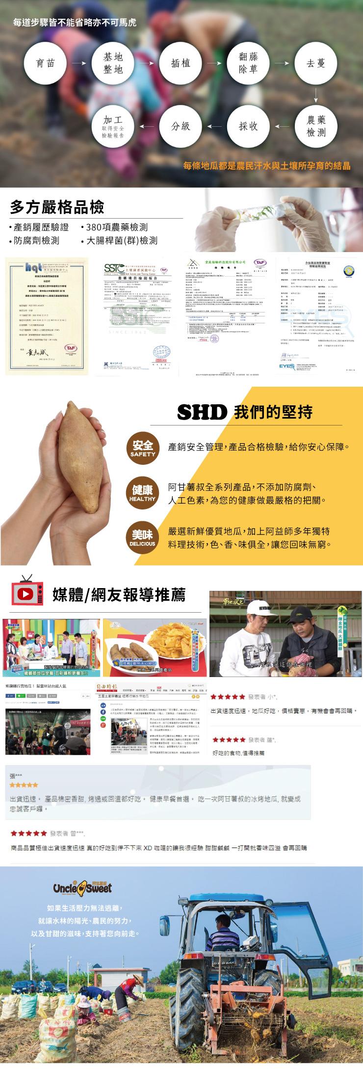 每道步驟皆不能省略亦不可馬虎,取得安全,檢驗報告,多方嚴格品檢,·產銷履歷驗證 ·380項農藥檢測,·防腐劑檢測,每條地瓜都是農民汗水與土壤所孕育的結晶,・大腸桿菌(群)檢測,全身檢驗科技股份有限公司 TAF,SSIC士頂調查試驗中心,·造商檢測版告