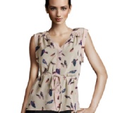 歐美 小鳥印花 V領卷邊雪紡襯衫 無袖襯衫三色選 預購