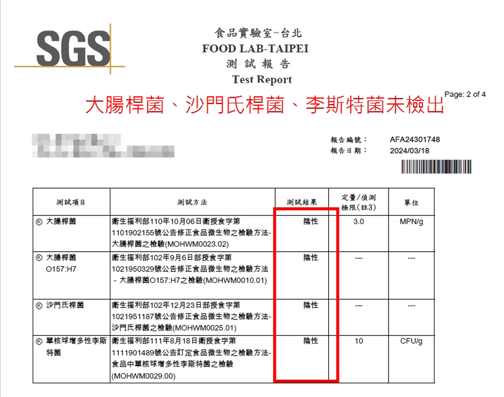 食品實驗室-台北,測試報告,大腸桿菌、沙門氏桿菌、李斯特菌未檢出,報告編號:報告日期:測試項目,測試方法,測試結果,⊗ 大腸桿菌, 衛生福利部110年10月06日衛授食字第,定量/偵測,極限(註3), 1101902155號公告修正食品微生物之檢驗方