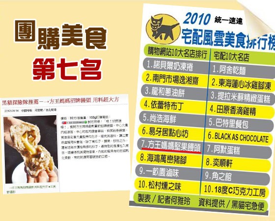 2010 統一速達，宅配風雲美食が行櫃，購物網站10大名店排行宅配10大名店，1.諾貝爾奶凍捲，2.南門市場逸湘齋，3.龍和蔥油餅，4.依蕾特布丁，5.尚浩海鮮，6.易牙居點心坊，7.方王媽媽堅果護頭7.阿默蛋糕，8.海鴻萬巒豬腳，9.一畝園滷味，1